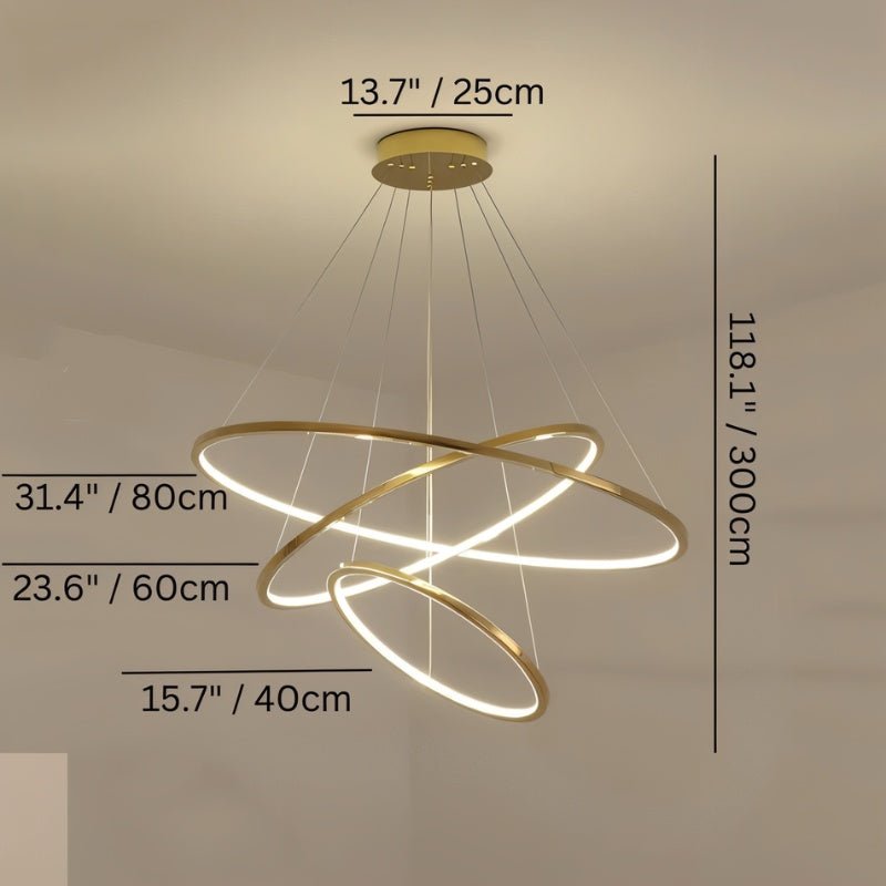 Clérachic gold three-ring LED chandelier with canopy width, ring diameters and cable drop marked in cm and inches.