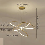 Clérachic gold three-ring LED chandelier with canopy width, ring diameters and cable drop marked in cm and inches.