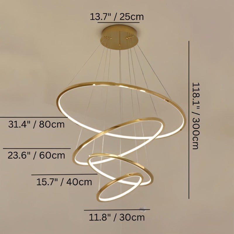 Clérachic gold four-ring LED chandelier with each ring diameter, canopy width and the 300 cm drop marked in cm and inches.