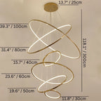 Clérachic gold six-ring LED chandelier with ring diameters from 30 cm to 100 cm and the 300 cm drop marked in cm and inches.