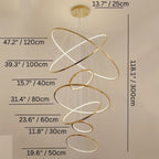 Clérachic gold seven-ring LED chandelier with ring diameters from 30 cm to 120 cm and the 300 cm drop marked in cm and inches.