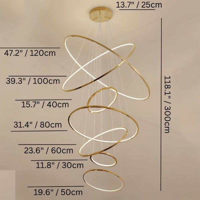 Clérachic gold seven-ring LED chandelier with ring diameters from 30 cm to 120 cm and the 300 cm drop marked in cm and inches.