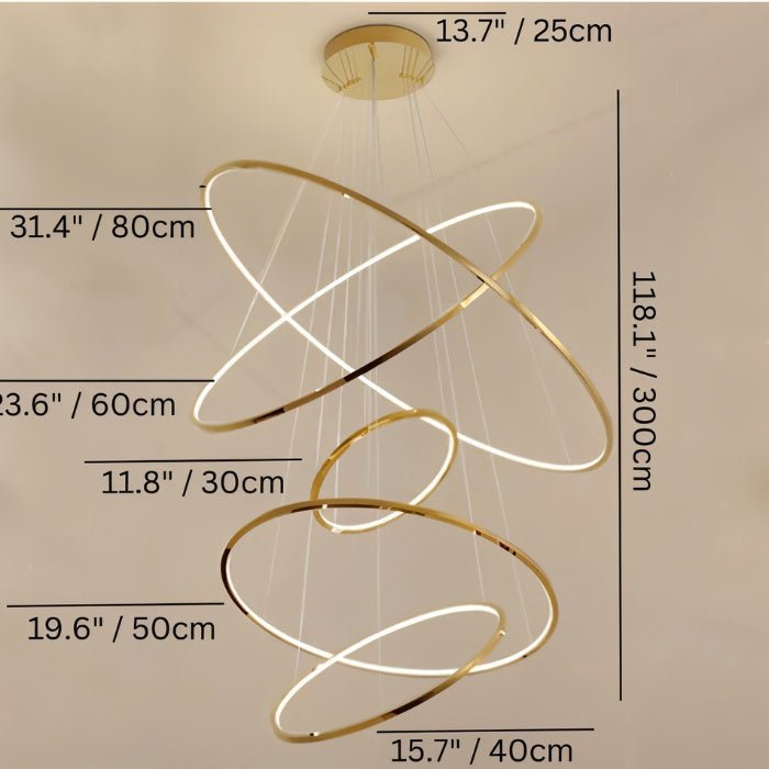Clérachic gold five-ring LED chandelier with ring diameters from 30 cm to 80 cm and the 300 cm drop marked in cm and inches.
