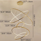Clérachic gold five-ring LED chandelier with ring diameters from 30 cm to 80 cm and the 300 cm drop marked in cm and inches.