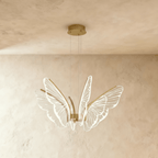 Clérachic butterfly chandelier with veined acrylic wings and slim gold arms, suspended from a gold canopy on limewash.