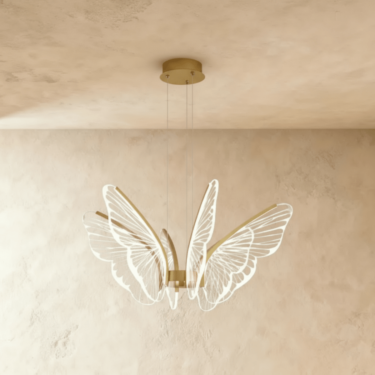 Clérachic butterfly chandelier with veined acrylic wings and slim gold arms, suspended from a gold canopy on limewash.