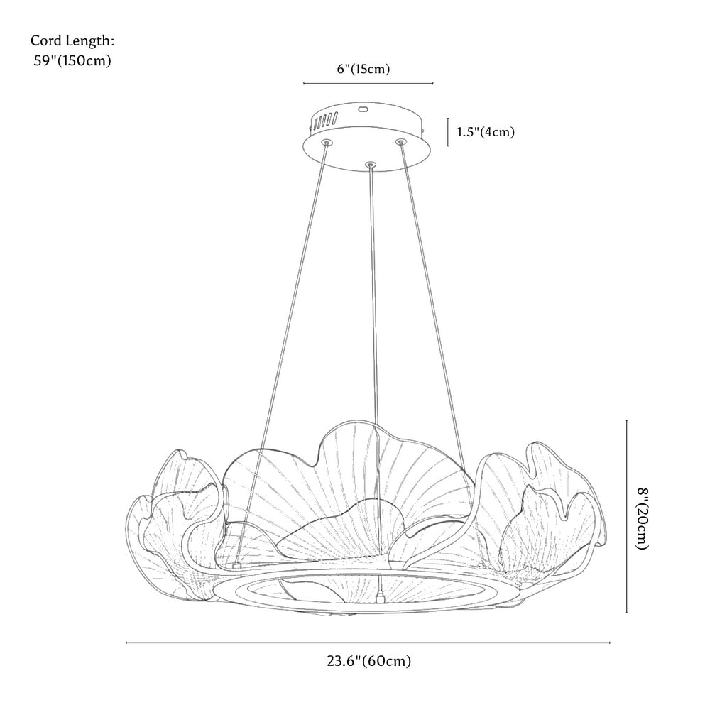 Clérachic chandelier dimension drawing, Leaf, Small, 60 cm × 20 cm, 44 W, every measurement marked in centimetres and inches.