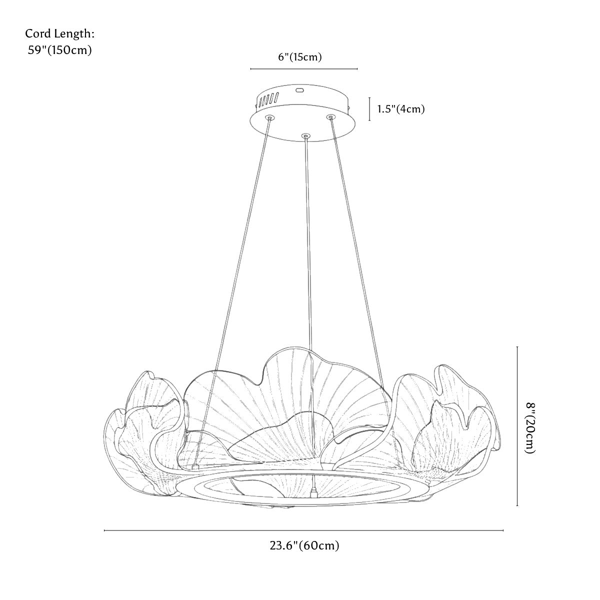 Clérachic chandelier dimension drawing, Leaf, Small, 60 cm × 20 cm, 44 W, every measurement marked in centimetres and inches.