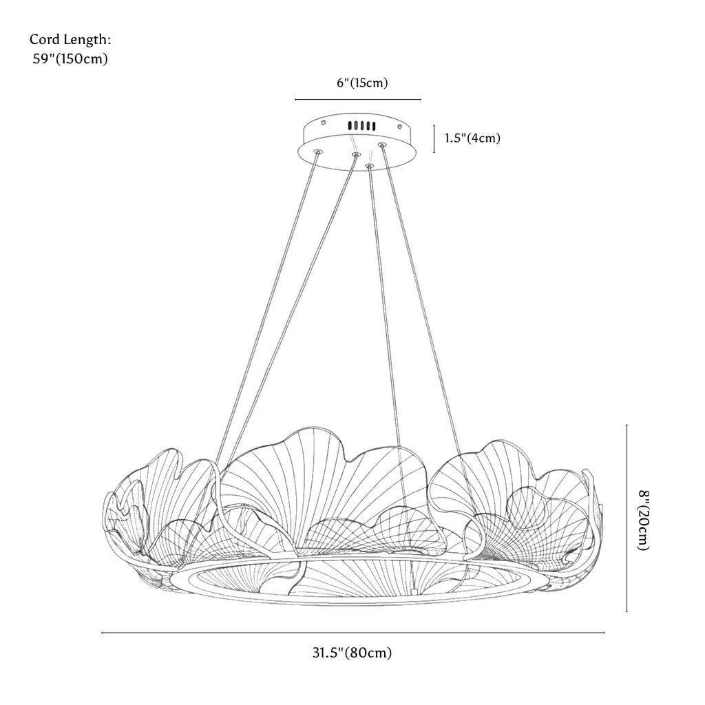 Clérachic chandelier dimension drawing, Leaf, Medium, 80 cm × 20 cm, 65 W, every measurement marked in centimetres and inches.