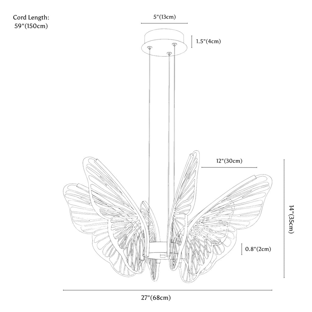 Clérachic chandelier dimension drawing, Butterfly, 6 Heads, 68 cm, 36 W, every measurement marked in centimetres and inches.