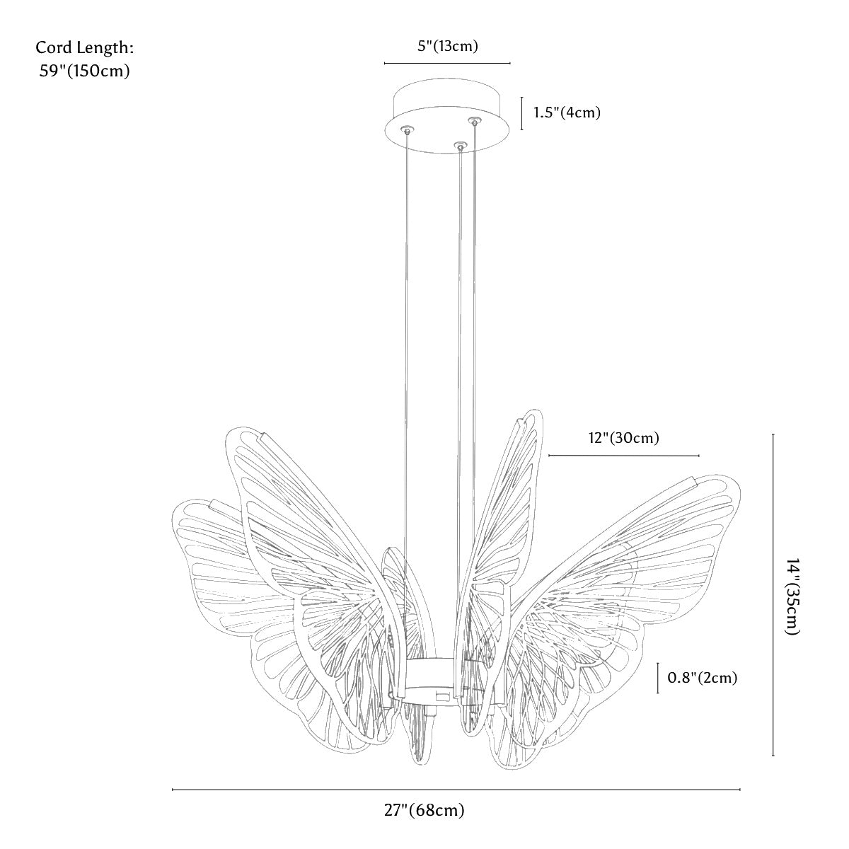 Clérachic chandelier dimension drawing, Butterfly, 6 Heads, 68 cm, 36 W, every measurement marked in centimetres and inches.