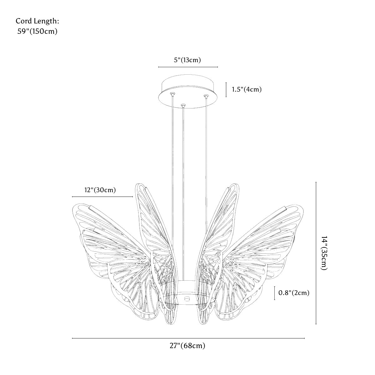 Clérachic chandelier dimension drawing, Butterfly, 8 Heads, 68 cm, 48 W, every measurement marked in centimetres and inches.