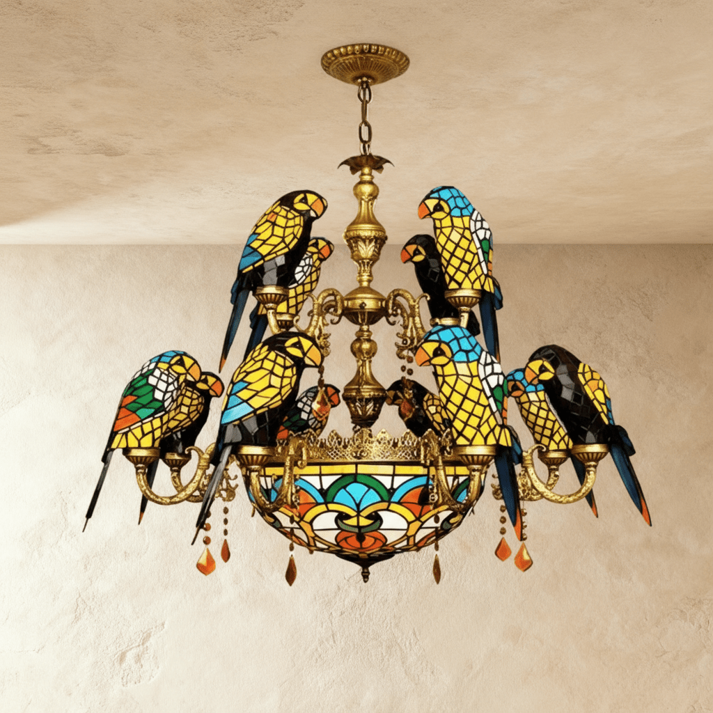 Clérachic two-tier stained-glass style chandelier with twelve glass parrots on gilt-brass arms, hung from a chain over limewash.