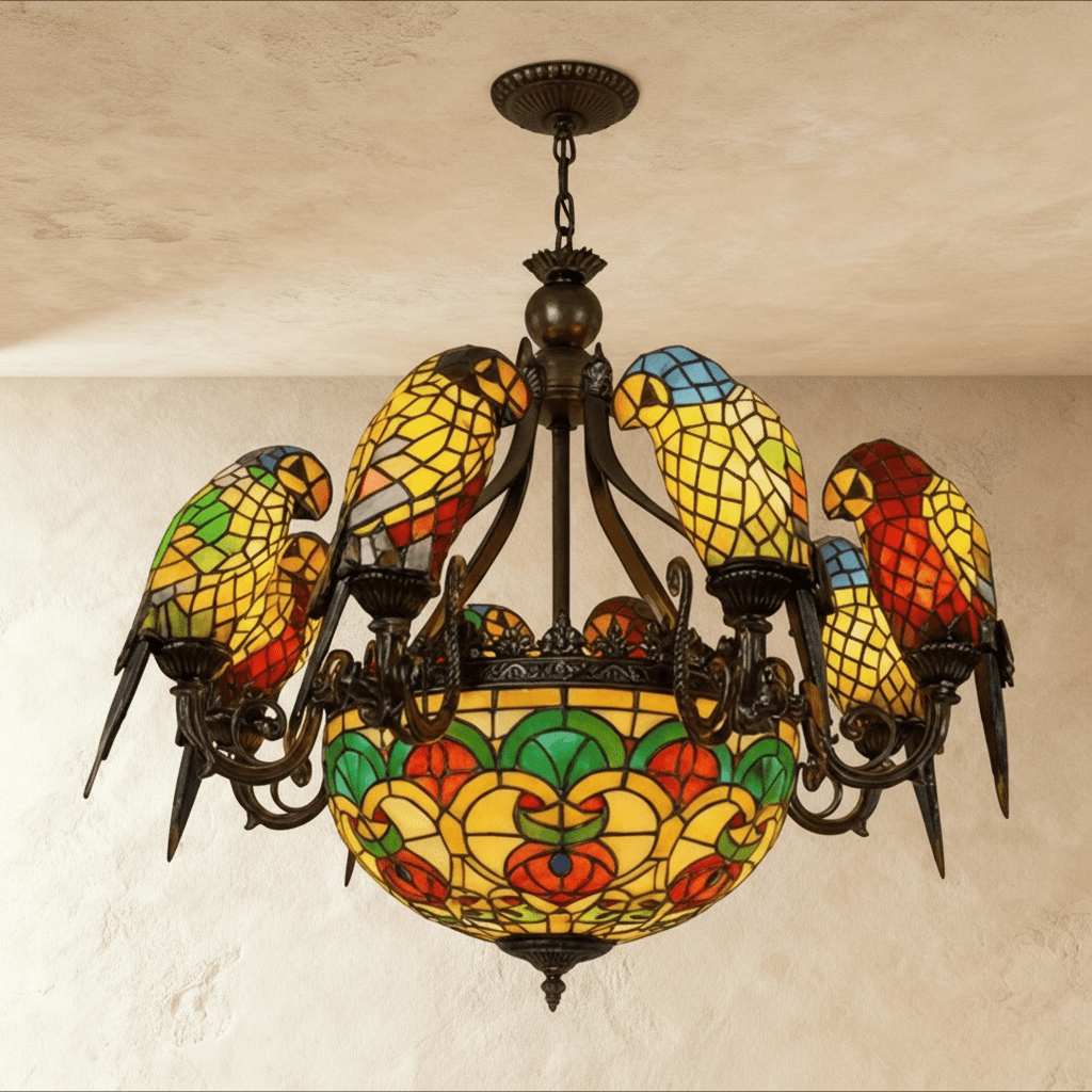 Clérachic stained-glass style chandelier with glass parrots perched on dark bronze scrolled arms around a patterned glass bowl.
