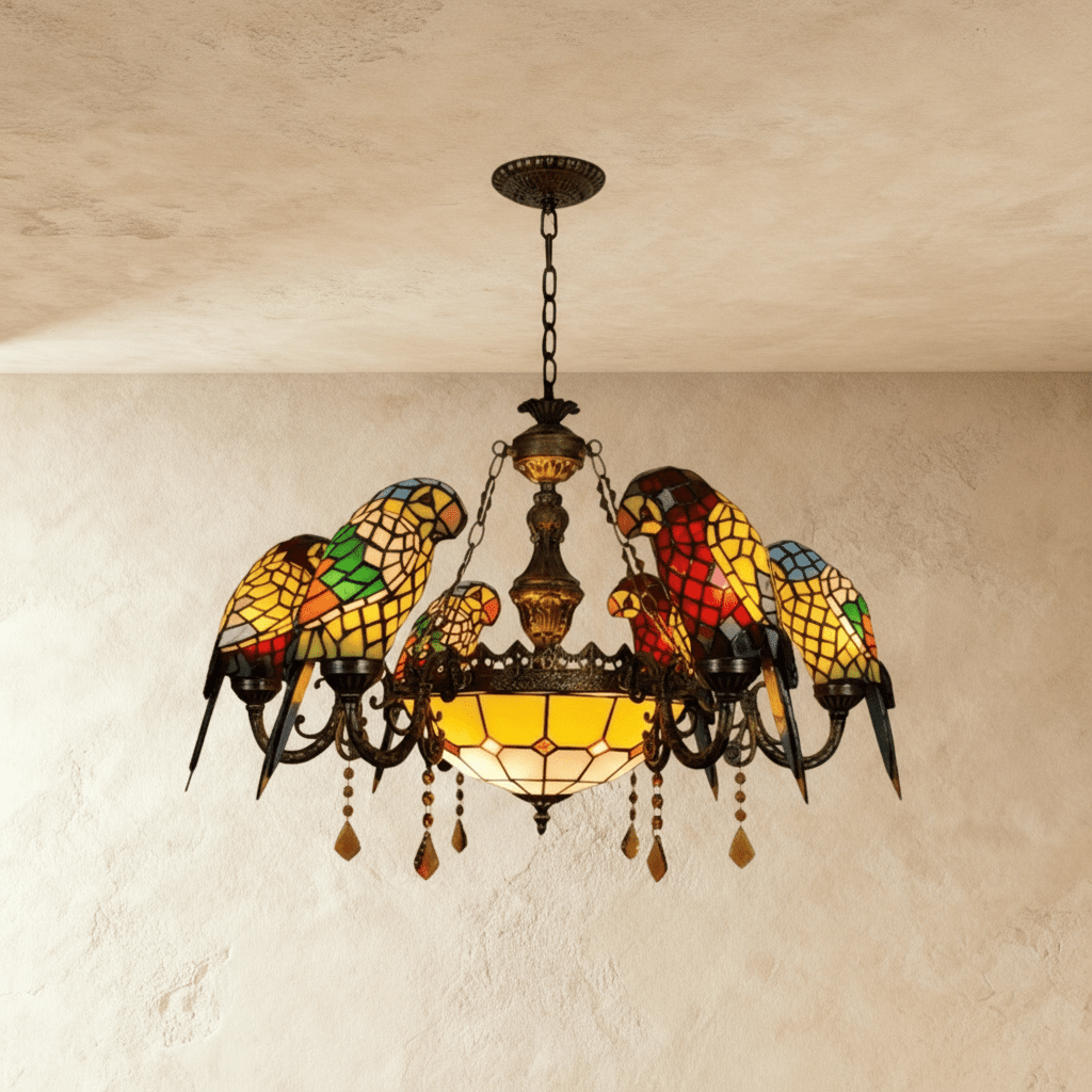 Clérachic chandelier of six glass parrots on dark arms, a pale amber glass bowl and amber crystal drops below, on a chain.