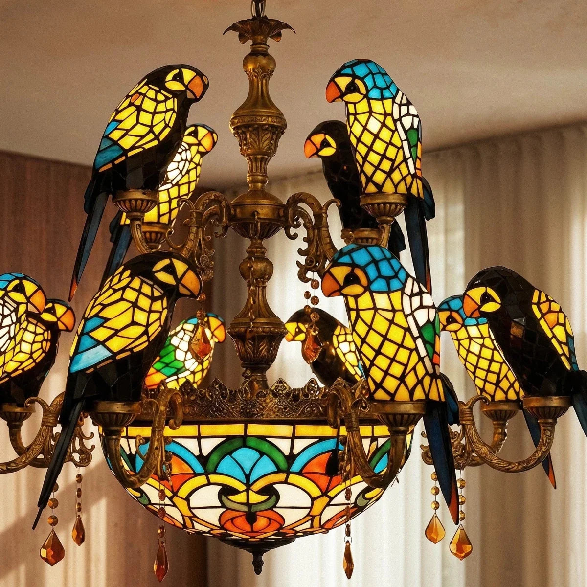 Close view of the Clérachic chandelier's glass parrots in blue, yellow and black, with gilt-brass arms and amber crystal drops.