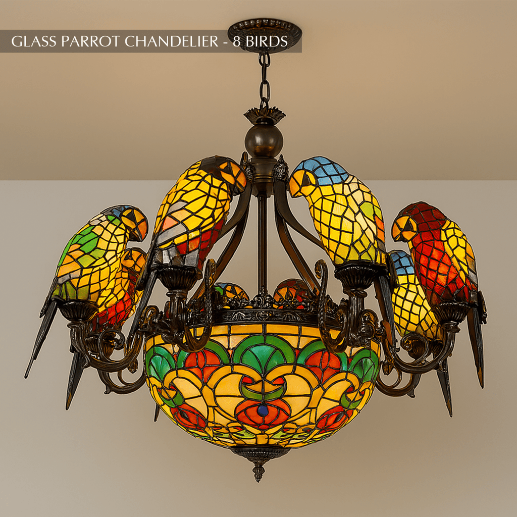 Clérachic eight-parrot chandelier in stained-glass style on dark bronze arms around a patterned glass bowl, on a chain.
