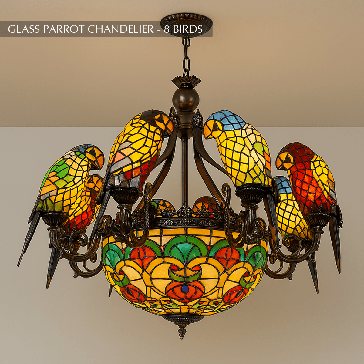 Clérachic eight-parrot chandelier in stained-glass style on dark bronze arms around a patterned glass bowl, on a chain.