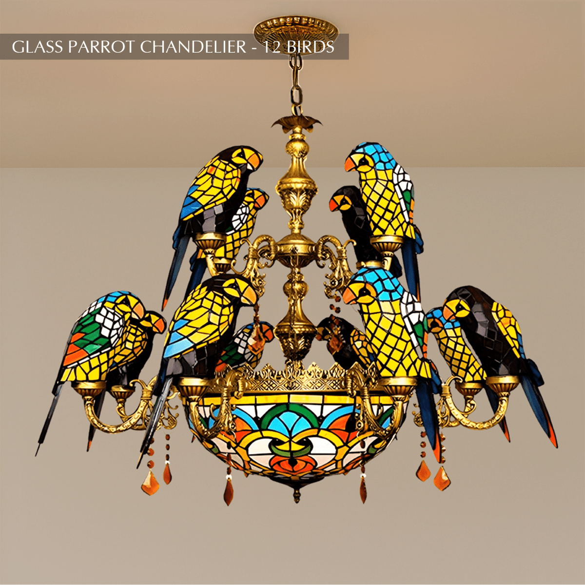 Clérachic two-tier chandelier of twelve glass parrots on gilt-brass arms, amber crystal drops below, hung on a chain.