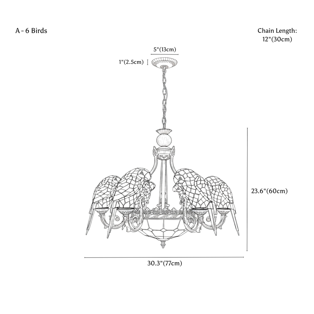 Clérachic chandelier dimension drawing, A, 6 birds, 77 × 60 cm, every measurement marked in centimetres and inches.