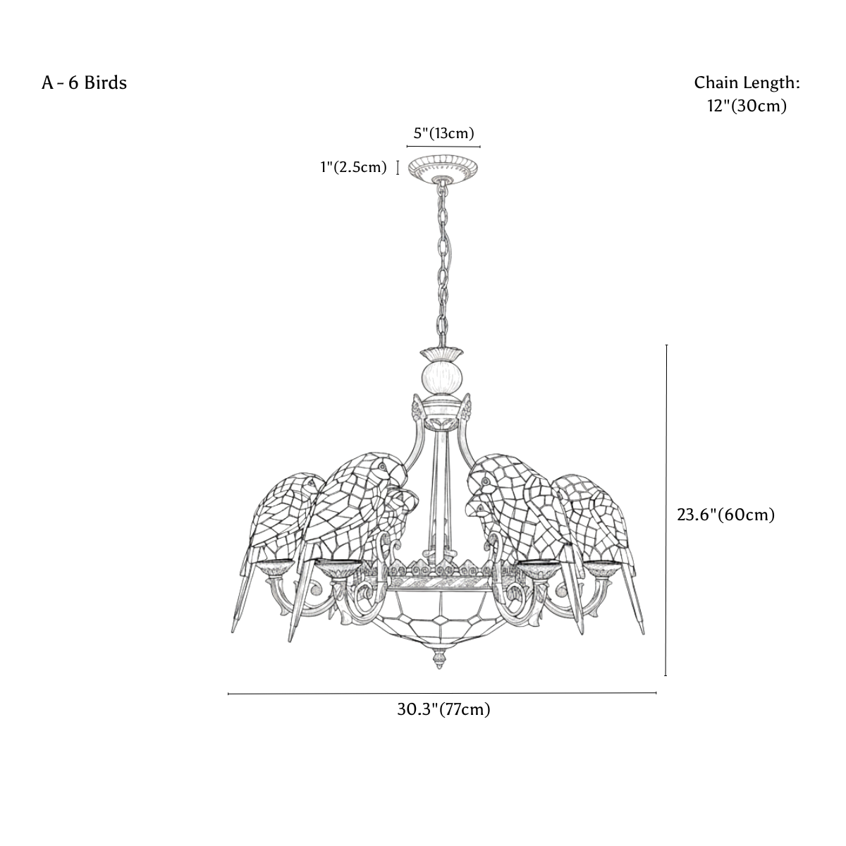 Clérachic chandelier dimension drawing, A, 6 birds, 77 × 60 cm, every measurement marked in centimetres and inches.