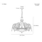 Clérachic chandelier dimension drawing, A, 6 birds, 77 × 60 cm, every measurement marked in centimetres and inches.