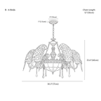 Clérachic chandelier dimension drawing, B, 6 birds, 77 × 60 cm, every measurement marked in centimetres and inches.