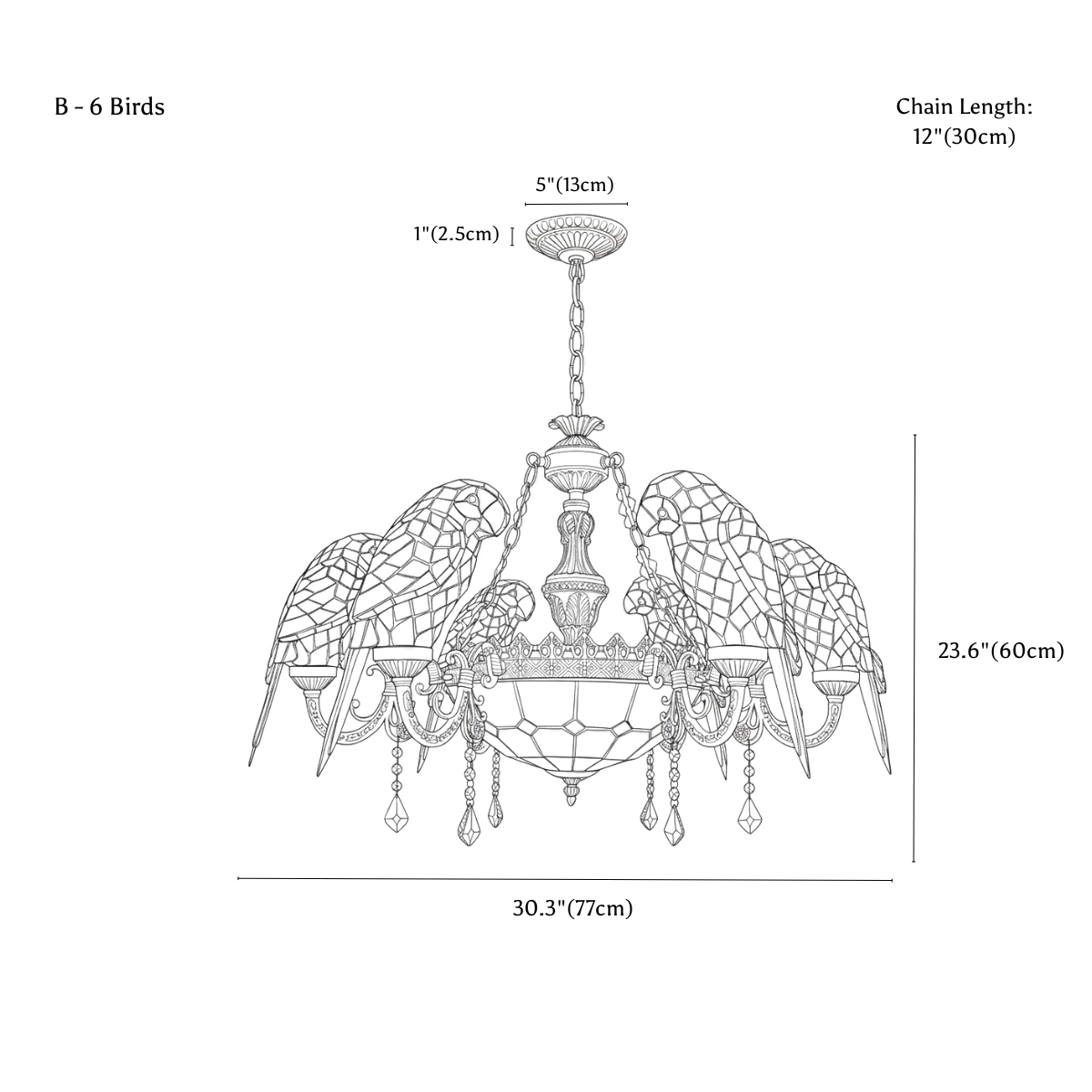 Clérachic chandelier dimension drawing, B, 6 birds, 77 × 60 cm, every measurement marked in centimetres and inches.