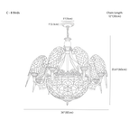 Clérachic chandelier dimension drawing, C, 8 birds, 87 × 60 cm, every measurement marked in centimetres and inches.