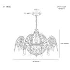 Clérachic chandelier dimension drawing, D, 8 birds, 87 × 60 cm, every measurement marked in centimetres and inches.