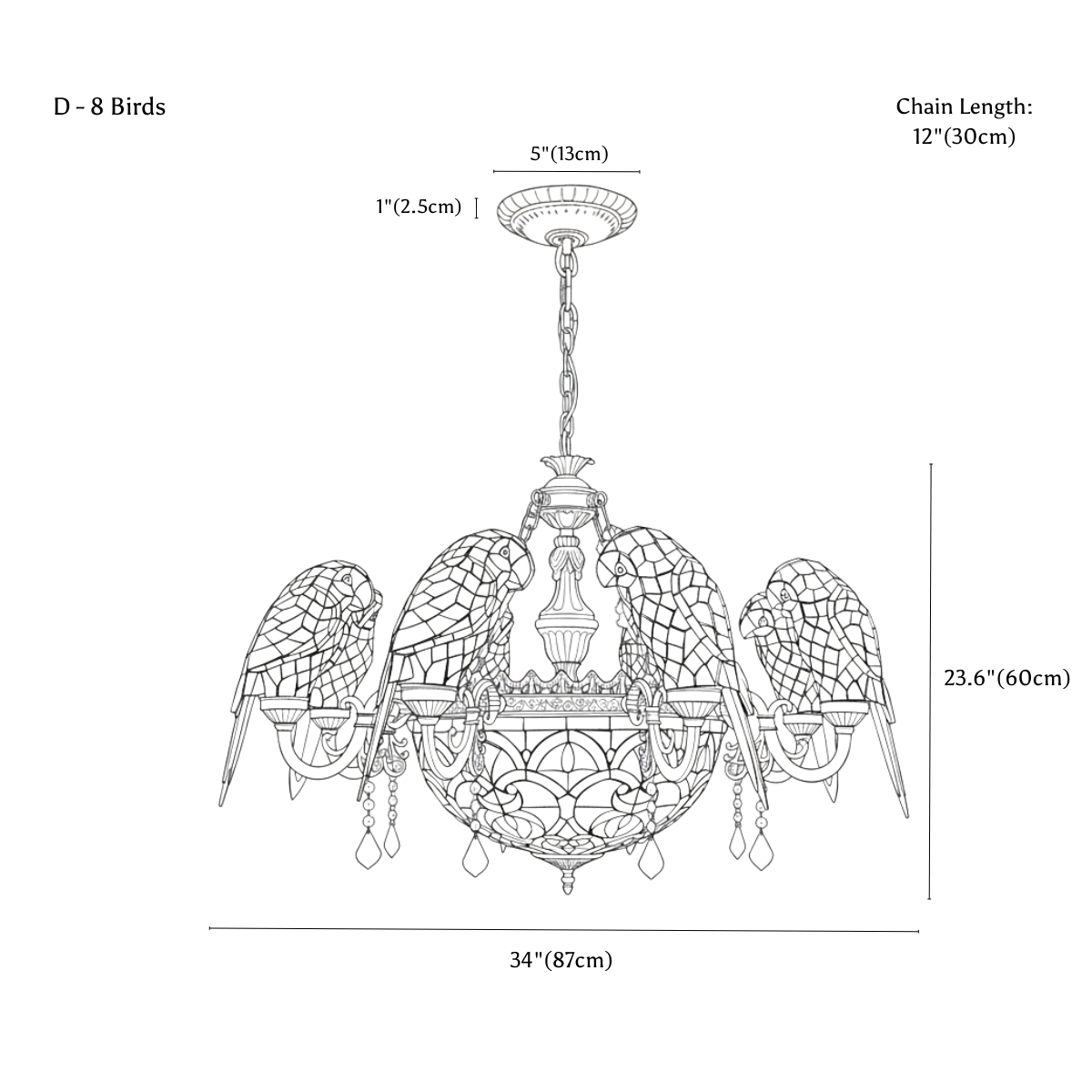 Clérachic chandelier dimension drawing, D, 8 birds, 87 × 60 cm, every measurement marked in centimetres and inches.