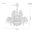 Clérachic chandelier dimension drawing, E, 12 birds, 87 × 80 cm, every measurement marked in centimetres and inches.