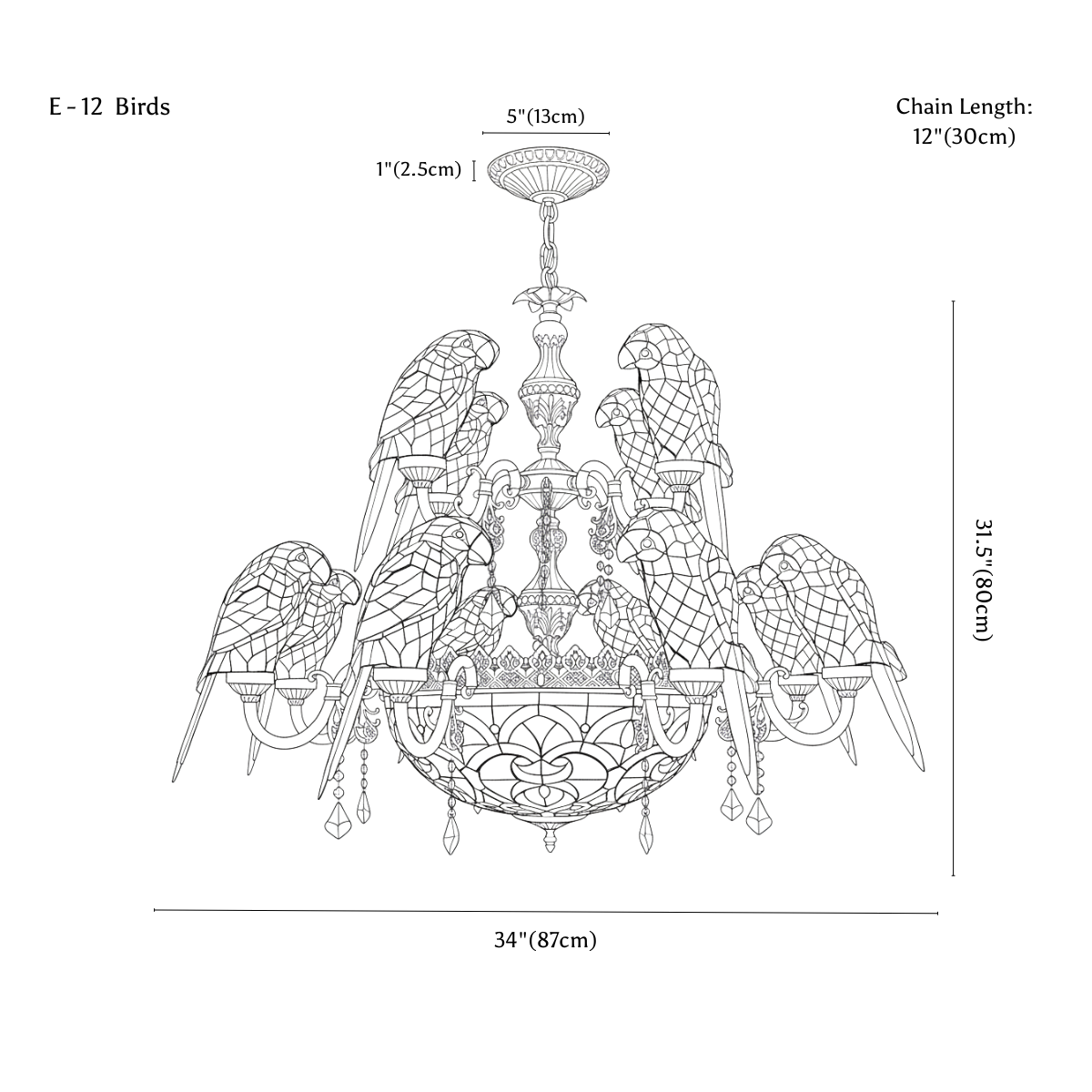 Clérachic chandelier dimension drawing, E, 12 birds, 87 × 80 cm, every measurement marked in centimetres and inches.