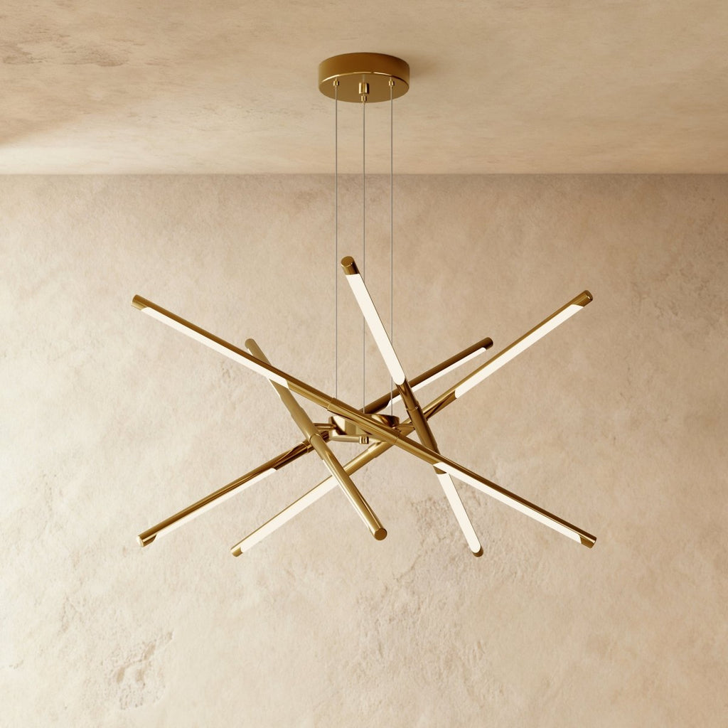 Clérachic ten-rod starburst chandelier in all-gold, slim LED rods crossing at varied angles from a central hub.
