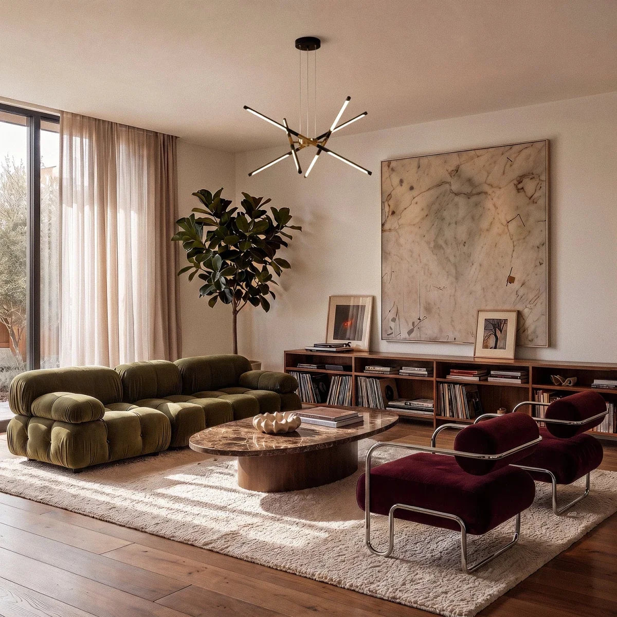 Clérachic black and gold starburst chandelier lit above a marble coffee table, a green velvet sofa and a bookshelf.