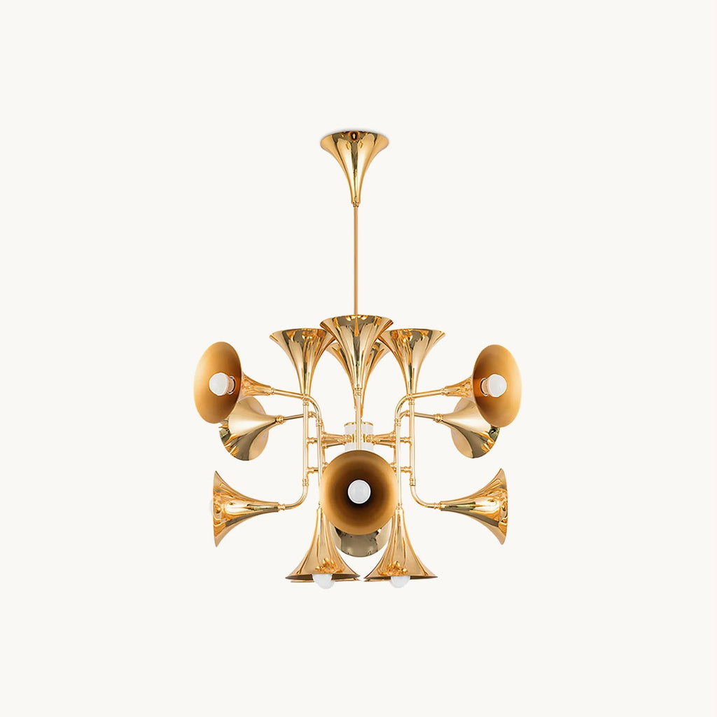 Gold trumpet-shaped heads branching from a central stem on this Clérachic chandelier, shown on a plain off-white backdrop.