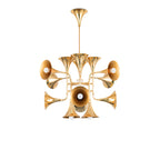 Gold trumpet-head chandelier from Clérachic with a slim stem and ceiling cup, photographed on a plain white background.