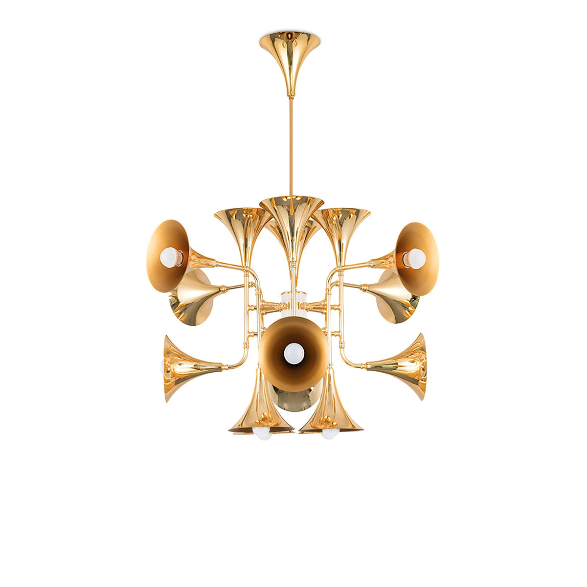 Gold trumpet-head chandelier from Clérachic with a slim stem and ceiling cup, photographed on a plain white background.