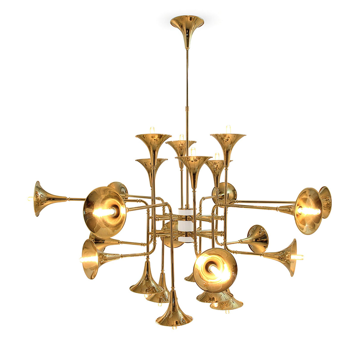 Gold trumpet-head Clérachic chandelier with a slim stem, shown lit and cut out on a plain white background.