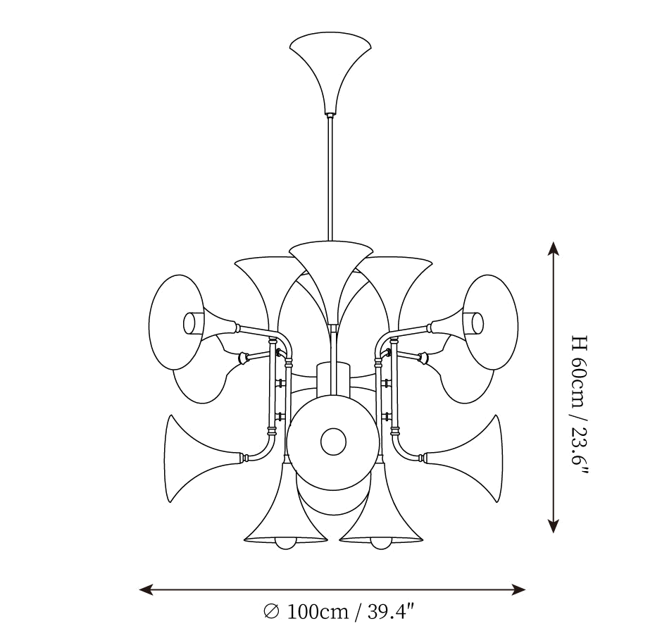 Clérachic chandelier dimension drawing, 1 of 3, every measurement marked in centimetres and inches.