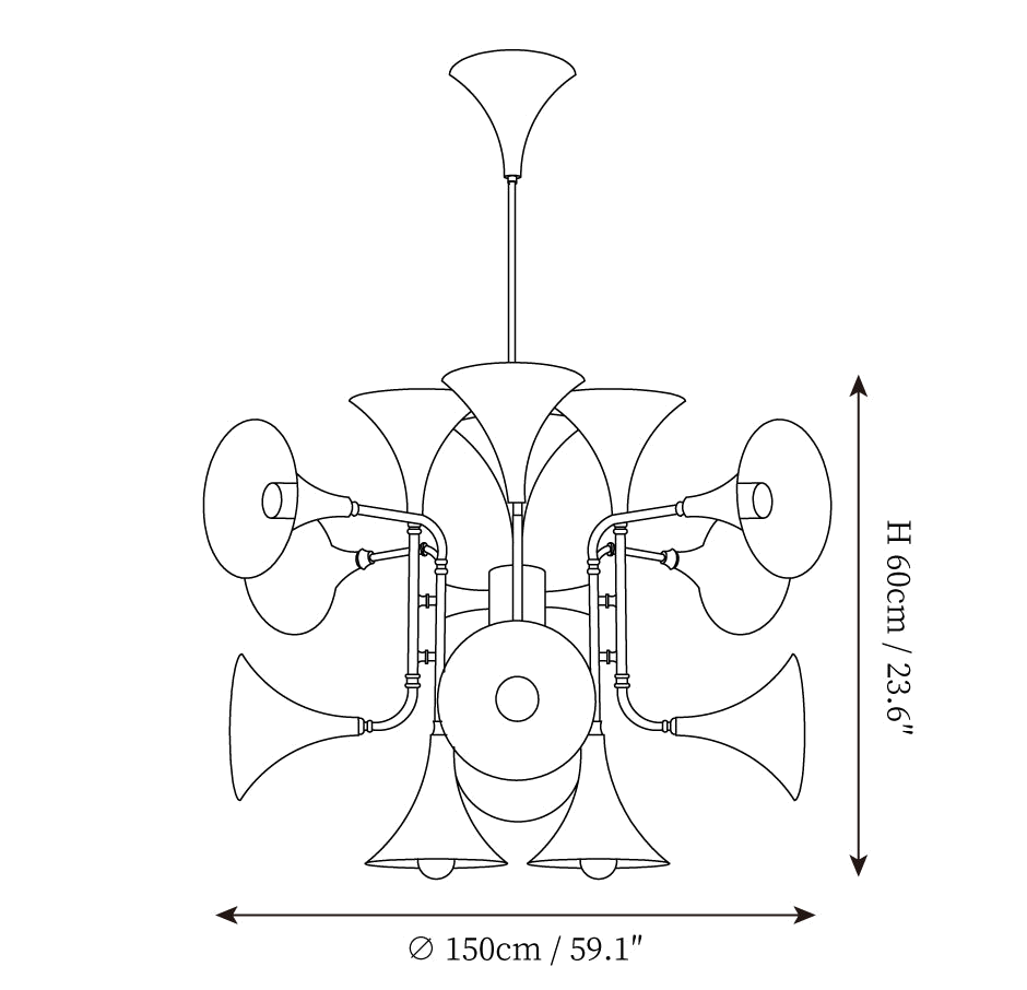 Clérachic chandelier dimension drawing, 2 of 3, every measurement marked in centimetres and inches.