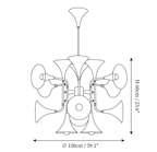 Clérachic chandelier dimension drawing, 2 of 3, every measurement marked in centimetres and inches.