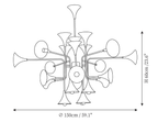 Clérachic chandelier dimension drawing, 3 of 3, every measurement marked in centimetres and inches.