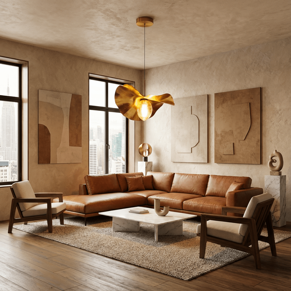 Clérachic gold leaf-shaped pendant lit above a tan leather sectional and marble coffee table in a bright, plastered living room.