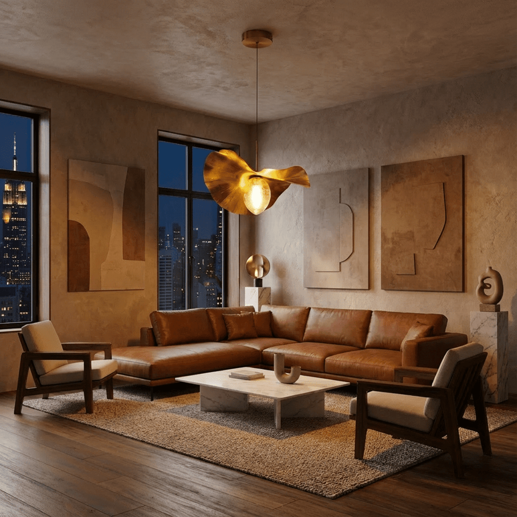 Clérachic gold leaf-shaped pendant glowing at dusk over a tan leather sofa, walnut armchairs and a jute rug in a city apartment.