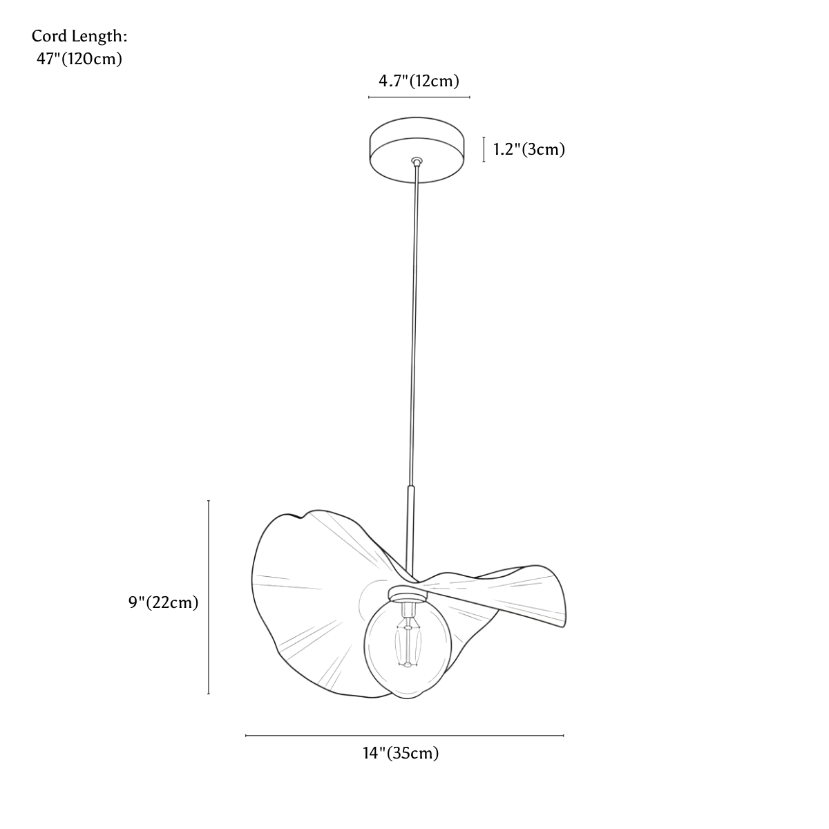Clérachic pendant light dimension drawing, 35 cm, every measurement marked in centimetres and inches.