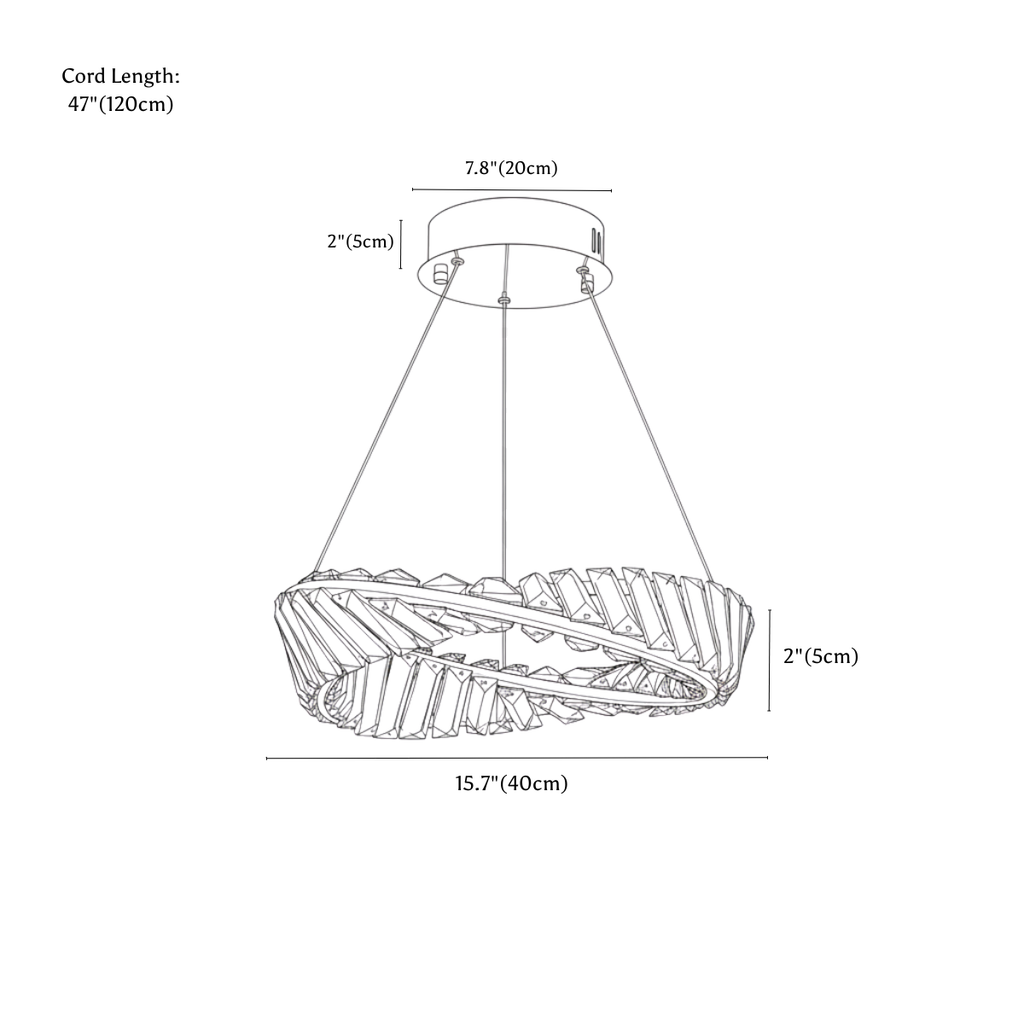 Clérachic chandelier dimension drawing, 40 cm × 5 cm, 30 W, every measurement marked in centimetres and inches.