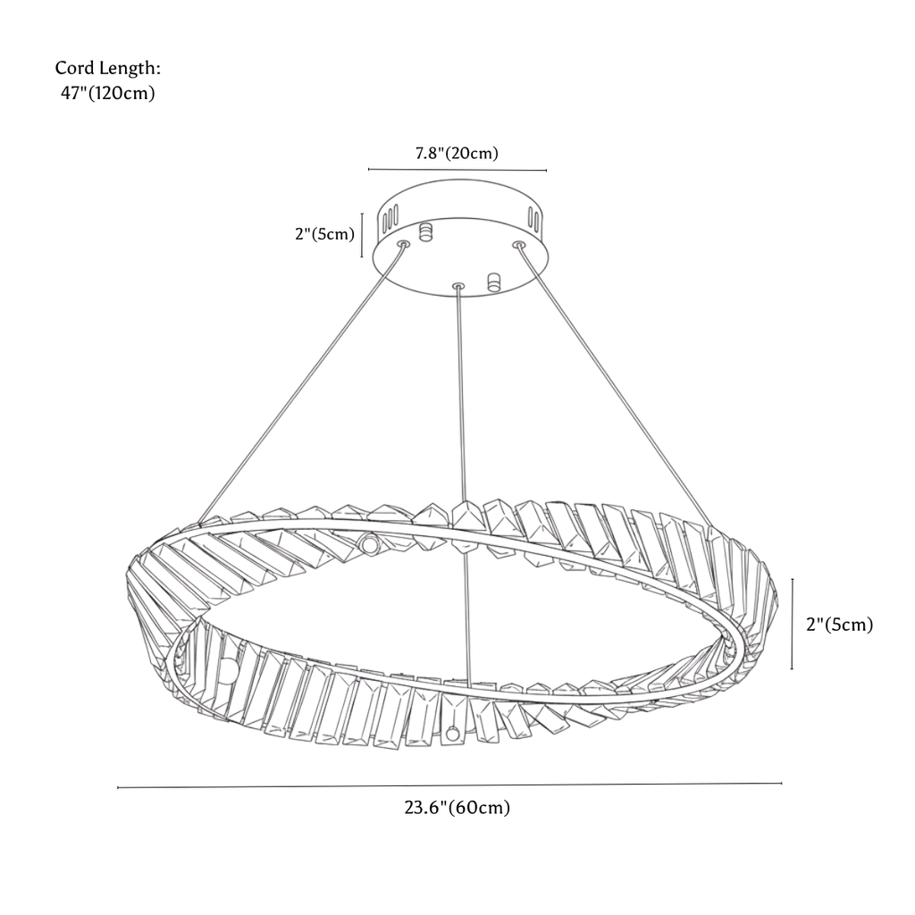 Clérachic chandelier dimension drawing, 60 cm × 5 cm, 40 W, every measurement marked in centimetres and inches.