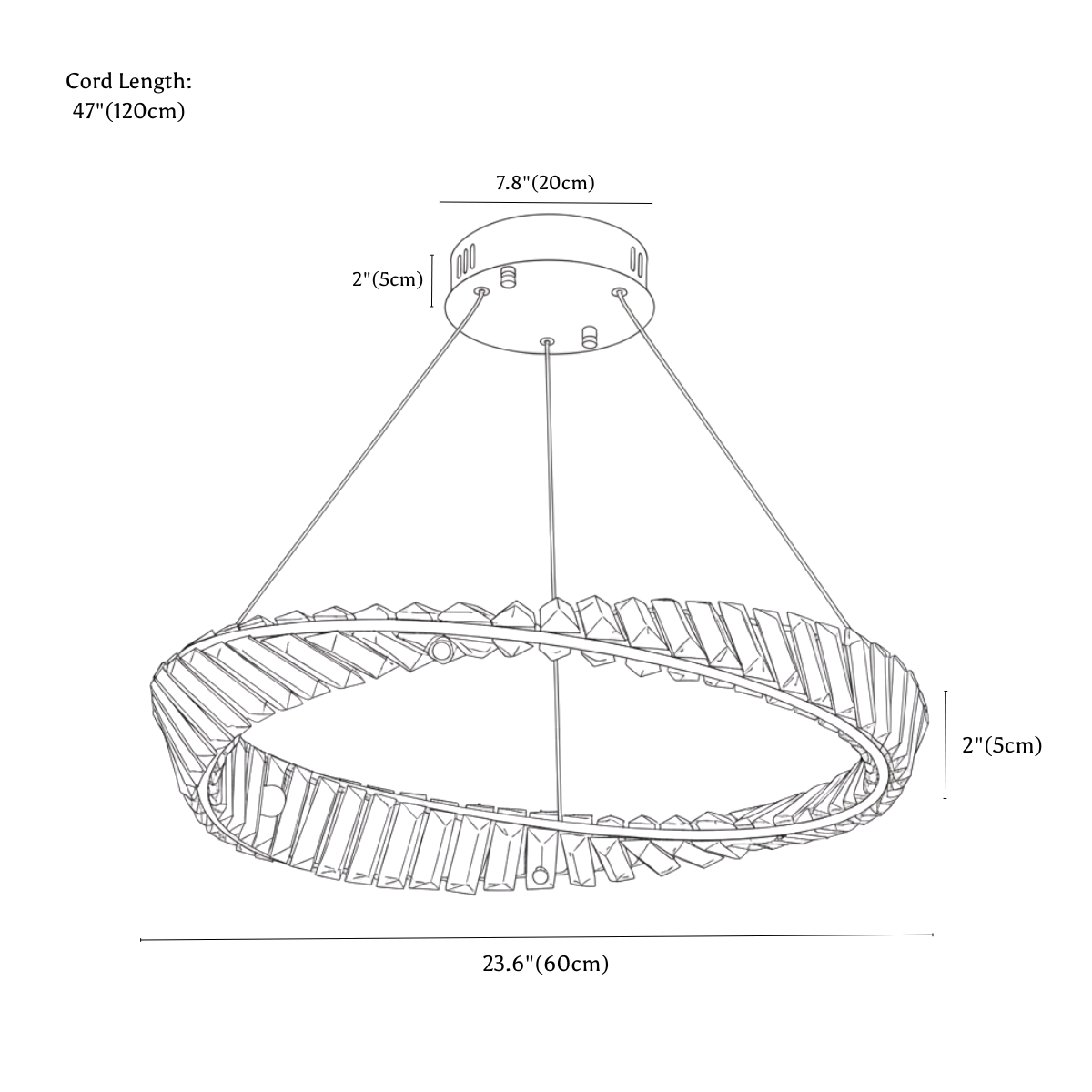 Clérachic chandelier dimension drawing, 60 cm × 5 cm, 40 W, every measurement marked in centimetres and inches.