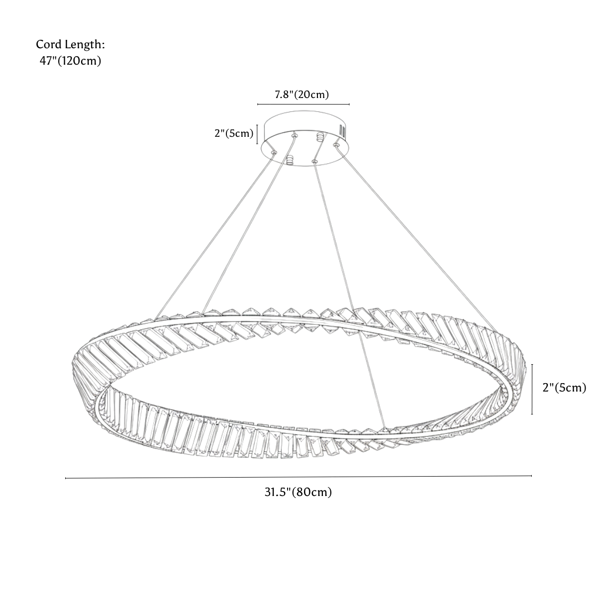 Clérachic chandelier dimension drawing, 80 cm × 5 cm, 70 W, every measurement marked in centimetres and inches.